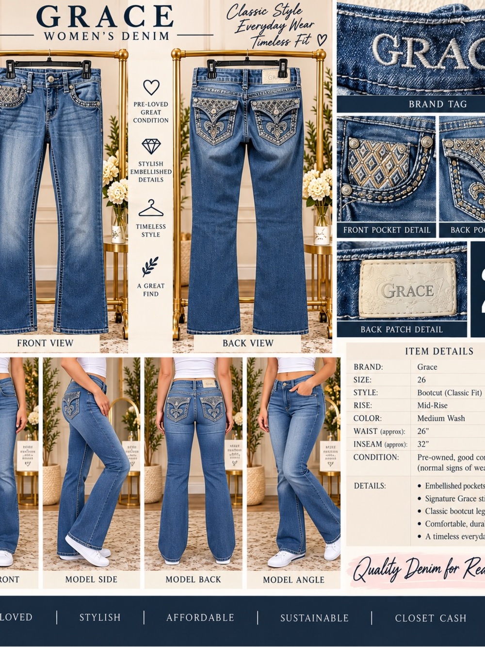 Grace Women's Denim Medium Wash Bootcut Jeans - Blue